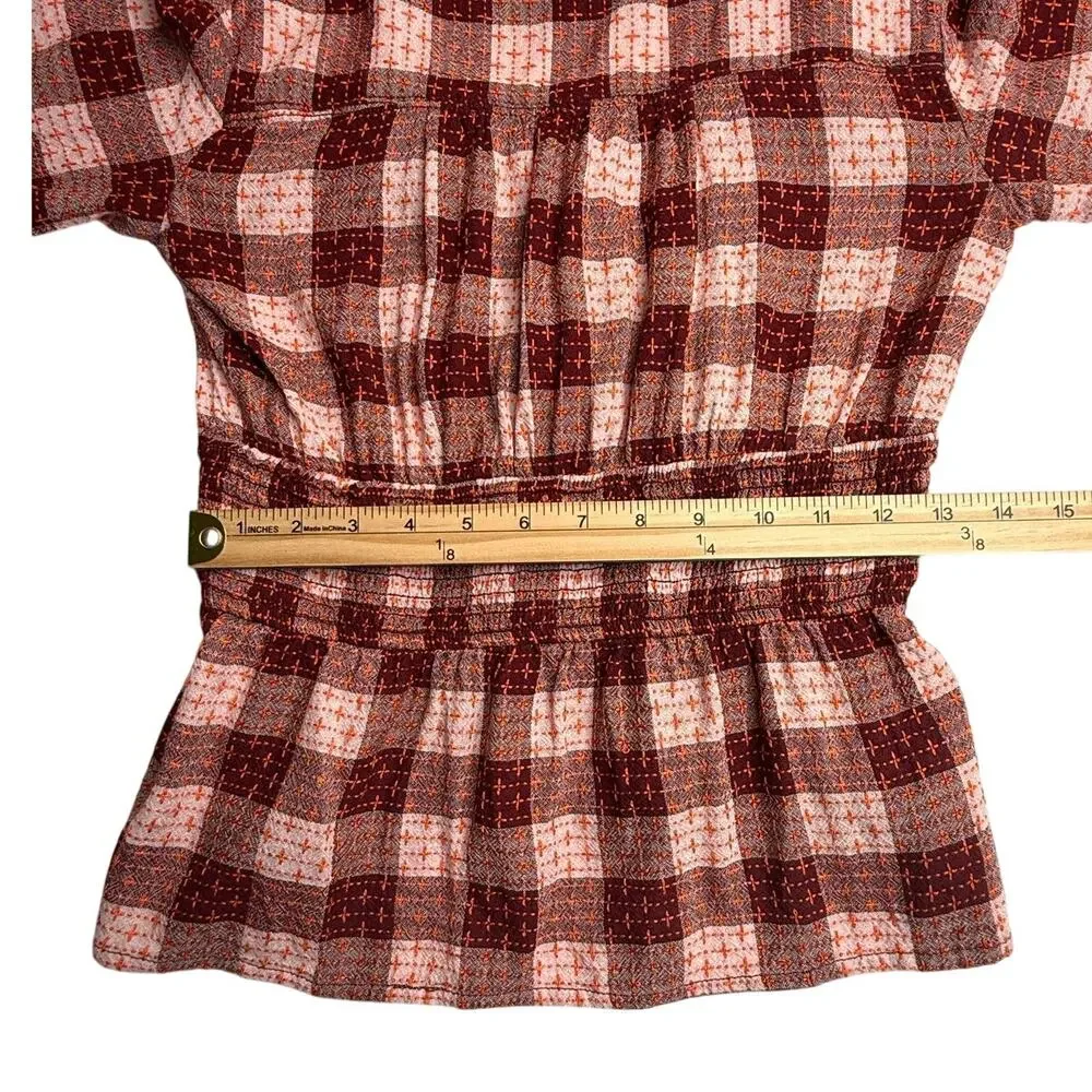 PILCRO Anthropologie Red Motif Plaid Smocked Blouse - Picture 8 of 10